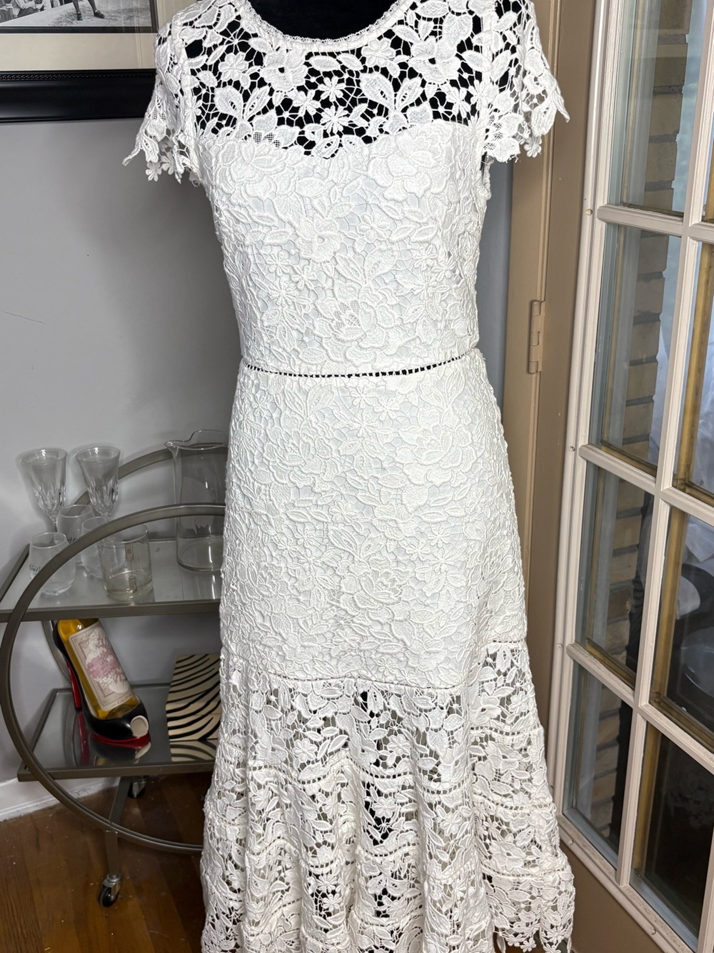 Joie White Lace Midi Dress with Floral Crochet Detail